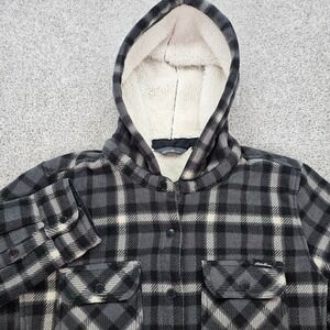 Eddie Bauer Women's Plaid Fleece Sherpa Lined Hooded Shirt Jacket 
Size L‎